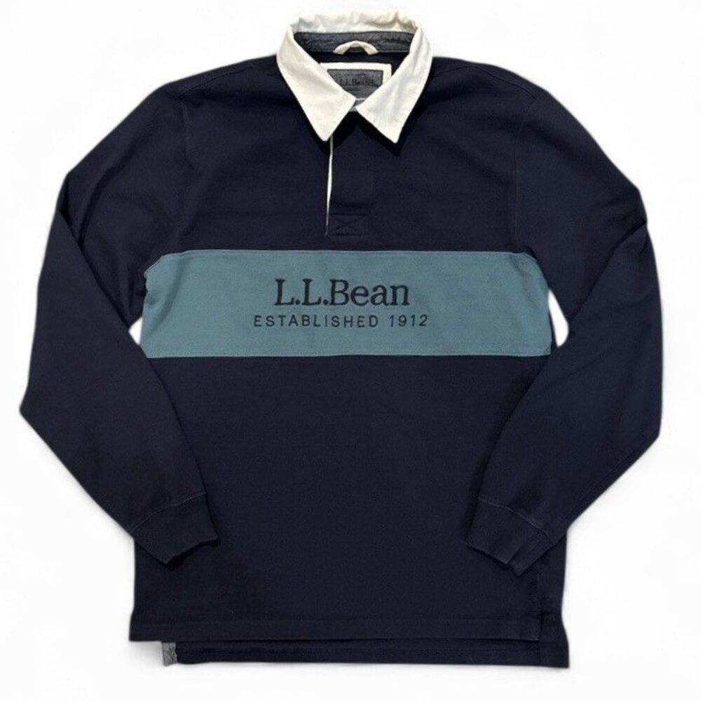 LL Bean Rugby Shirt Striped Logo Spell Out Size Small Blue Collared Cotton 90s